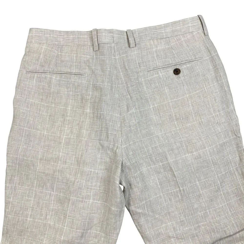 J Crew Suit Pants Mens 33x30 Beige Linen Windowpane Plaid Thompson Lightweight